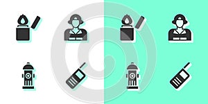 Set Walkie talkie, Lighter, Fire hydrant and Firefighter icon. Vector