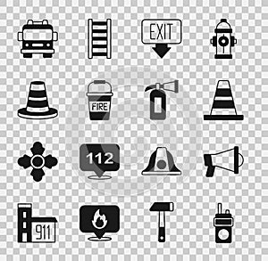 Set Walkie talkie, Megaphone, Traffic cone, Fire exit, bucket, truck and extinguisher icon. Vector