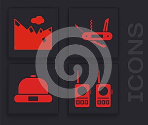 Set Walkie talkie, Mountains, Swiss army knife and Beanie hat icon. Vector