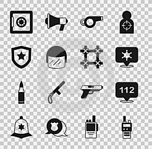 Set Walkie talkie, Telephone call 112, Hexagram sheriff, Whistle, Police helmet, badge, Safe and Prison window icon