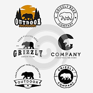 Set of Walking Bear Hunter Logo Vector Design, Emblem Bundle of Bear Grizzly Vintage and Line Art Illustration