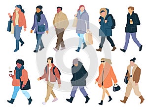 Set walking people of season casual clothes winter, spring and autumn street style. Vector flat cartoon collection of
