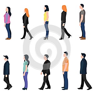 Set of walking people side view flat design