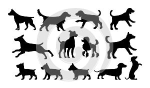 Set walking and standing dog silhouette. Vector black icon