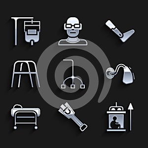 Set Walking stick cane, Prosthesis leg, Elevator for disabled, Hearing aid, Stretcher, Walker, and IV bag icon. Vector