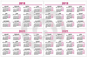 Set wall Calendar 2018, 2019, 2020, 2021 grid template