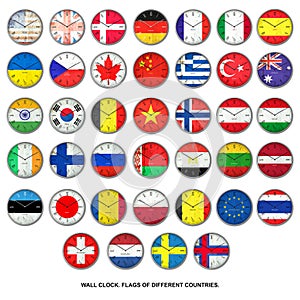 Set, Wall clock in the color of flags of different countries. Signs and symbols. Isolated on a white background. Design