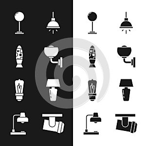 Set Wall lamp or sconce, Floor, Chandelier, Light bulb, Table, Led track lights lamps and icon. Vector