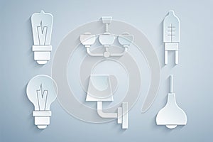 Set Wall lamp or sconce, Light emitting diode, bulb, Lamp hanging, Chandelier and icon. Vector