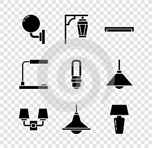 Set Wall lamp or sconce, Vintage street light, Fluorescent, Chandelier, Table, and LED bulb icon. Vector