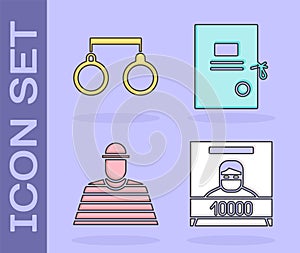 Set Wanted poster, Handcuffs, Prisoner and Lawsuit paper icon. Vector
