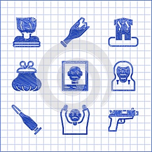 Set Wanted poster, Thief surrendering hands up, Pistol or gun, mask, Bullet, Wallet, Arson home and Kidnaping icon