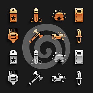 Set War axe, Military assault shield, knife, jeep, Bulletproof vest, Bomb explosion, Chevron and Rocket icon. Vector