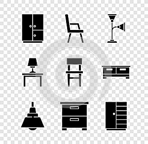 Set Wardrobe, Armchair, Floor lamp, Chandelier, Furniture nightstand, Table on table and Chair icon. Vector