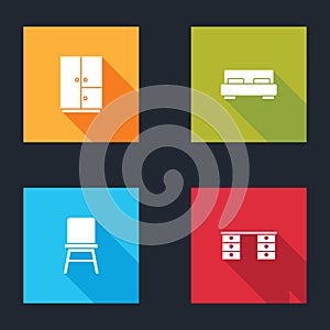 Set Wardrobe, Big bed, Chair and Office desk icon. Vector