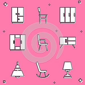 Set Wardrobe, Chair, Armchair, Chest of drawers, Chandelier and icon. Vector