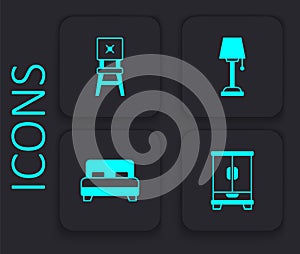 Set Wardrobe, Chair, Floor lamp and Big bed icon. Black square button. Vector