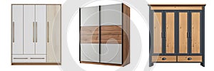 Set of wardrobe isolated on a white or transparent background. Close-up of a white and black wardrobes, front and side