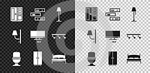 Set Wardrobe, Shelf with books, Floor lamp, Toilet bowl, Big bed, Wall sconce and Smart Tv icon. Vector