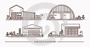 Set of warehouse buildings of different shape with freight transport. Isometric. Lineart. Contour illustration.