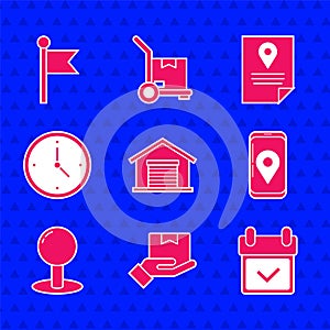 Set Warehouse, Delivery hand with boxes, Calendar check mark, Mobile app delivery tracking, Push pin, Fast time