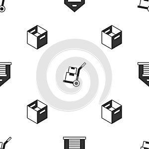 Set Warehouse, Hand truck and boxes and Carton cardboard on seamless pattern. Vector