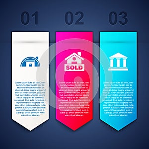 Set Warehouse, Hanging sign with text Sold and Museum building. Business infographic template. Vector
