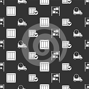 Set Warehouse, Logistics delivery truck and clock, Wooden box and Wooden box with check mark on seamless pattern. Vector