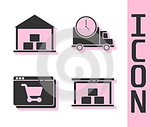 Set Warehouse, Warehouse, Online shopping on screen and Logistics delivery truck and clock icon. Vector.