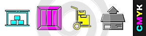 Set Warehouse, Wooden box, Hand truck and boxes and Carton cardboard box icon. Vector.