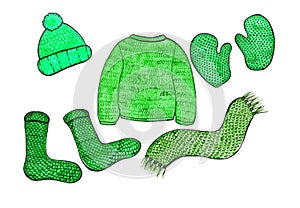 A set of warm knitted clothes of green color with a black outline. Isolated on white background.
