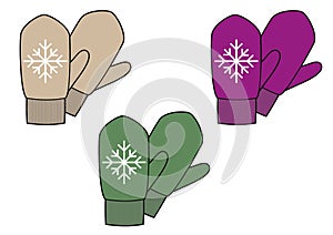 Set of warm knitted mittens with snowflake. Beije, green, violet colors