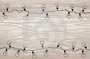 A set of warm light bulb garlands, holiday decorations. The lamps. Glowing Christmas lights. Vector on wooden background