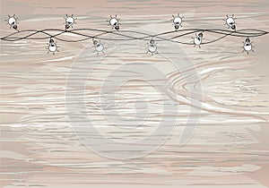 A set of warm light bulb garlands, holiday decorations. The lamps. Glowing Christmas lights. Vector on wooden background