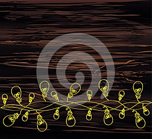 A set of warm light bulb garlands, holiday decorations. The lamps. Glowing Christmas lights. Vector on wooden background. Line.