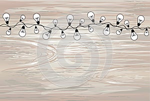 A set of warm light bulb garlands, holiday decorations. The lamps. Glowing Christmas lights. Vector on wooden background. Line.