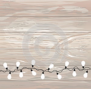 A set of warm light bulb garlands, holiday decorations. The lamps. Glowing Christmas lights. Vector on wooden background. Line. Co