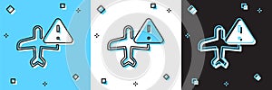 Set Warning aircraft icon isolated on blue and white, black background. Faulty plane. Flying prohibition zone. Plane is