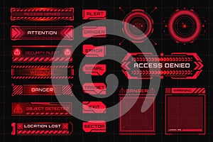 Set of warning, attention and alert red symbols. HUD caution and danger frames. Game UI with warning boxes for system damage error