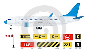 Set of warning prohibiting road signs and airplane vector flat icon isolated