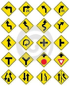 Set of warning road signs on white background