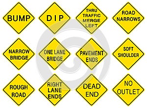 Set of warning road signs on white background