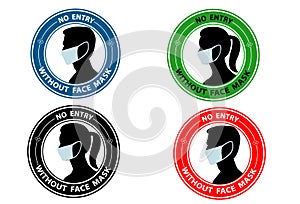 Set of Warning sign No entry without face mask stamp, mask required sign ,red,blue,green,black isolated on white background