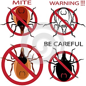 A set of warning sign. Spider mites. Red mite. Mite allergy. Epidemic. Mite parasites illustration