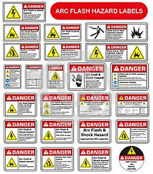 A set of warning signs and safety symbols against the causes of ordinary electrical shocks and against electrical flash injuries