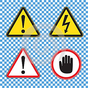 Set of warning signs for security clearance: danger sign, high voltage sign, red attention sign with palm
