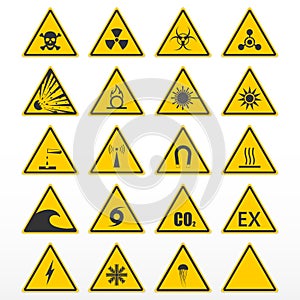 Set of warning signs. Yellow triangles as hazard symbols.