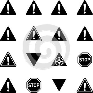 Set of warning and stop signs with exclamation marks and stop text isolated on transparent background