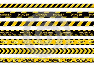 Set of warning tapes isolated on white background. Warning tape, danger tape, caution tape, under construction tape. Vector