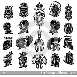 Set of warrior vintage helmets isolated